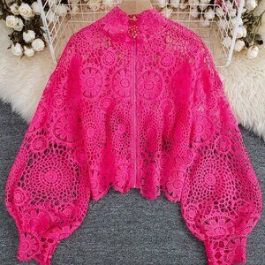 Hot Pink Elegant Women's Floral Lace Hollow Zipper Front Long Sleeve Blouse